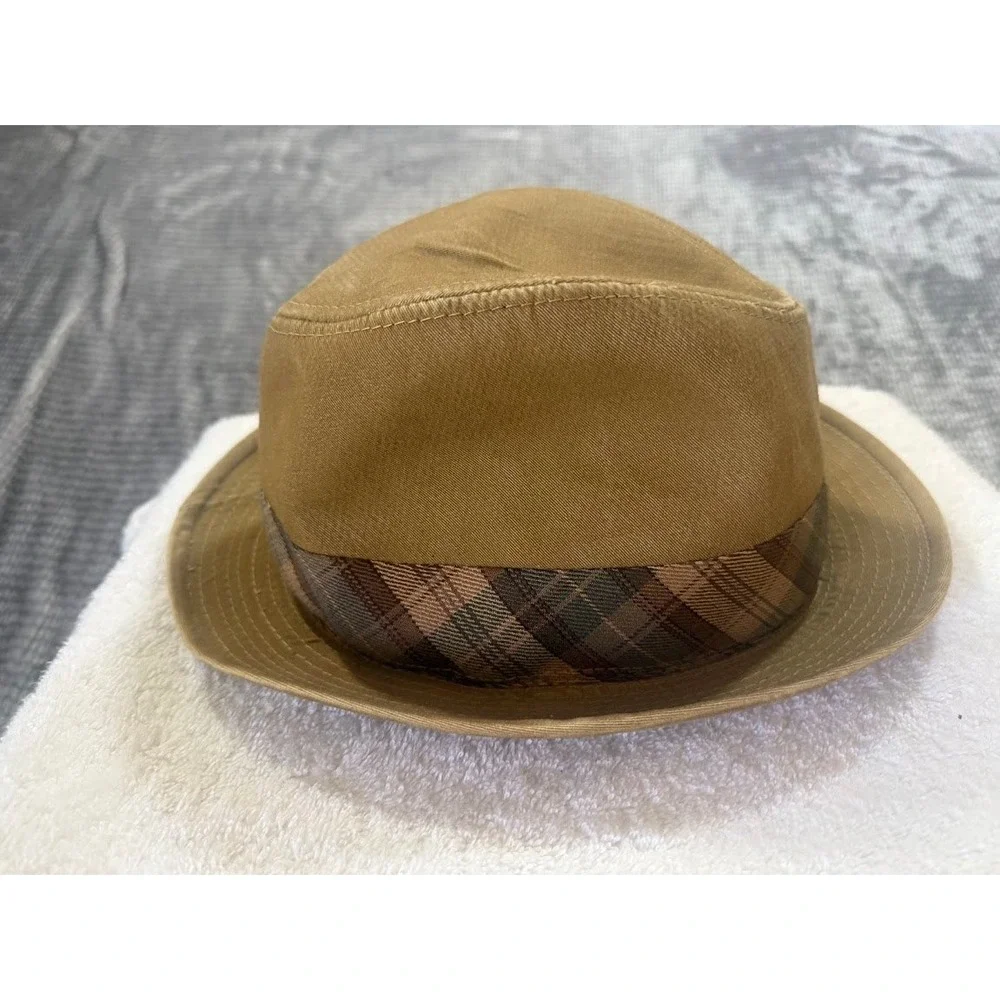 Christys Crown Series Tan Cotton‎ Fedora Hat Plaid Band Mens Size Medium Khaki